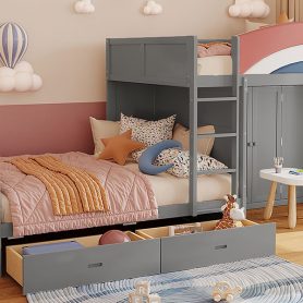 Full Size Offset Bunk Bed with Wardrobe & Drawers, Upholstered Guardrail, Built-in Hanging Rod