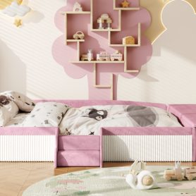 King Size Velvet Upholstered Daybed with Stairs & Gas Lift Storage Ottoman, Contrast Color, Padded Guardrails