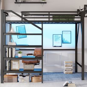 Metal Queen Size Loft Bed With Foldable Desk,Light Strip, Staircase Storage And Charging Station