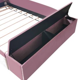 Full Size Velvet Upholstered Daybed with Stairs & Gas Lift Storage Ottoman, Contrast Color, Padded Guardrails