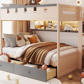 Full Size Castle Style Bunk Bed with 2 Drawers, Shelf and LED Light