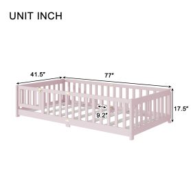 Twin Size Floor Bed with Fence, Door and Safety Guardrails