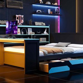 Queen Size Gaming Daybed with Integrated Desk and Lights