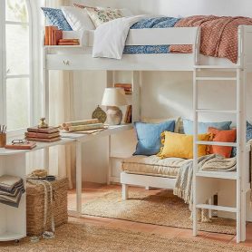 Full Size Wood Loft Bed with Desk, Bedside Storage Shelf, Sofa and Light