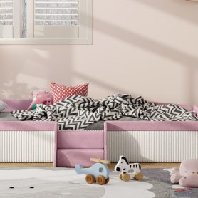 Twin Size Velvet Upholstered Daybed with Stairs & Gas Lift Storage Ottoman, Contrast Color, Padded Guardrails