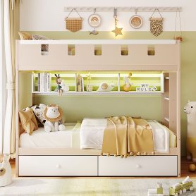 Twin Size Castle Style Bunk Bed with 2 Drawers, Shelf and LED Light