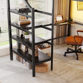 Metal Queen Size Loft Bed With Foldable Desk,Light Strip, Staircase Storage And Charging Station