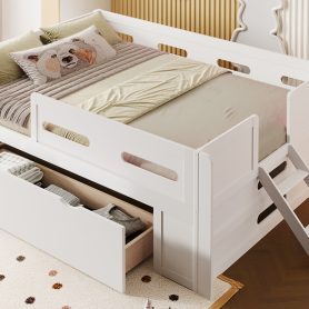 Wood Twin Size Platform Bed with Guardrail and Drawer