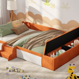 Queen Size Velvet Upholstered Daybed with Stairs & Gas Lift Storage Ottoman, Contrast Color, Padded Guardrails