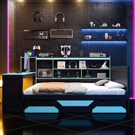 Queen Size Gaming Daybed with Integrated Desk and Lights
