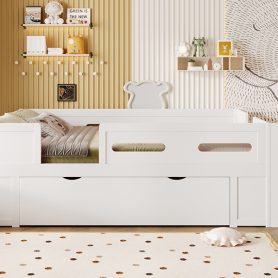 Wood Full Size Platform Bed with Guardrail and Drawer