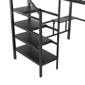 Metal Queen Size Loft Bed With Foldable Desk,Light Strip, Staircase Storage And Charging Station