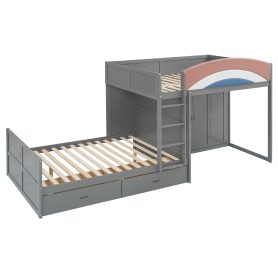 Full Size Offset Bunk Bed with Wardrobe & Drawers, Upholstered Guardrail, Built-in Hanging Rod