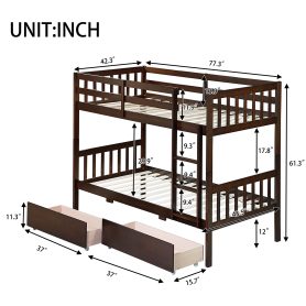 Twin Over Twin Rubber Wood Bunk Bed With 2 Drawers, Ladder And Safety Guardrails 52 Twin Over Twin Rubber Wood Bunk Bed With 2 Drawers, Ladder And Safety Guardrails