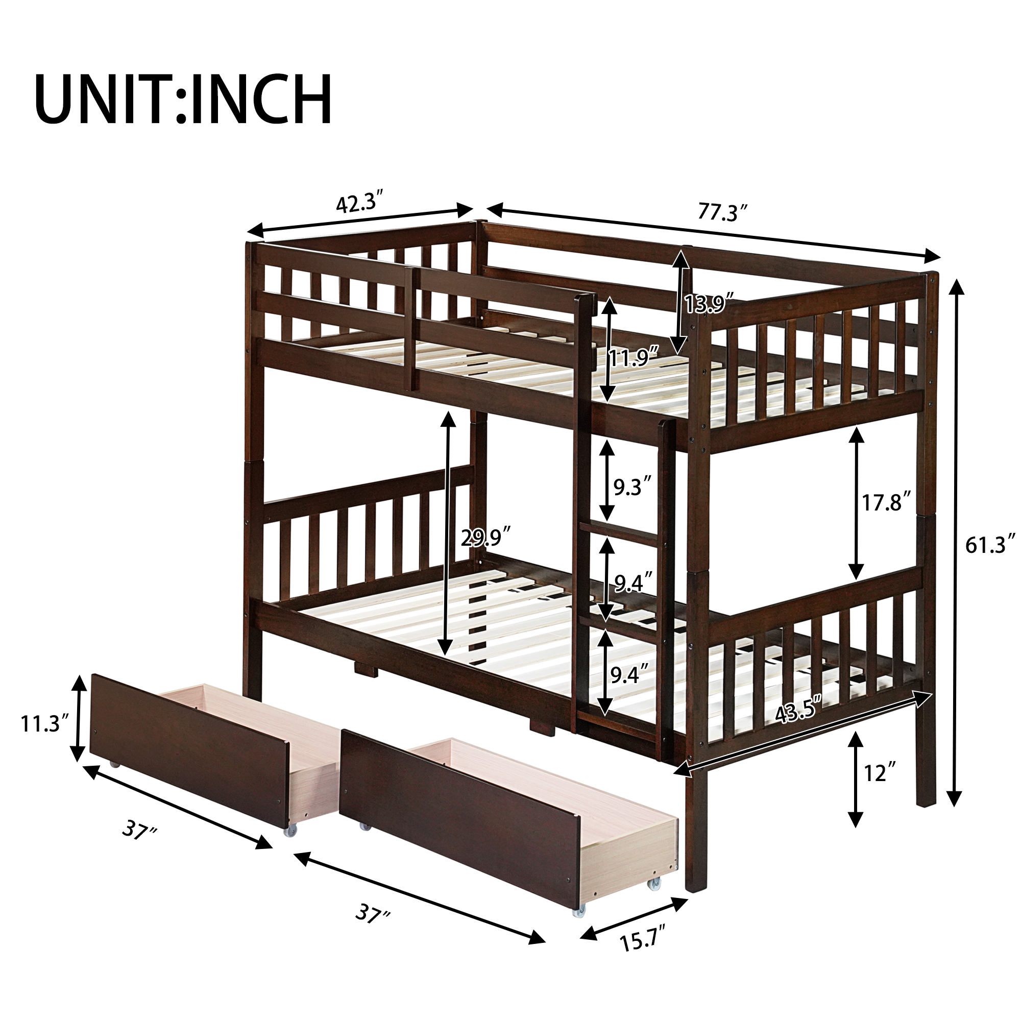Twin Over Twin Rubber Wood Bunk Bed With 2 Drawers, Ladder And Safety Guardrails 25 Twin Over Twin Rubber Wood Bunk Bed With 2 Drawers, Ladder And Safety Guardrails