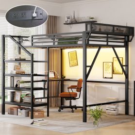 Metal Queen Size Loft Bed With Foldable Desk,Light Strip, Staircase Storage And Charging Station