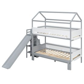 House-Shaped Wooden Bunk Bed with Slide & Storage Staircase
