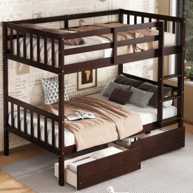 Twin Over Twin Rubber Wood Bunk Bed With 2 Drawers, Ladder And Safety Guardrails 50 Twin Over Twin Rubber Wood Bunk Bed With 2 Drawers, Ladder And Safety Guardrails