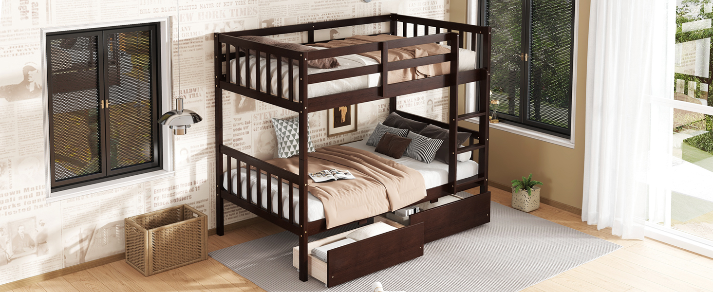 Twin Over Twin Rubber Wood Bunk Bed With 2 Drawers, Ladder And Safety Guardrails 23 Twin Over Twin Rubber Wood Bunk Bed With 2 Drawers, Ladder And Safety Guardrails