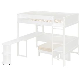 Full Size Wood Loft Bed with Desk, Bedside Storage Shelf, Sofa and Light