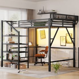 Metal Queen Size Loft Bed With Foldable Desk,Light Strip, Staircase Storage And Charging Station