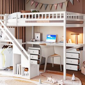 Full Size Loft Bed with Two Chest of Drawers, Desk and Light Strip