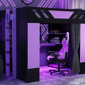 Full Size Wood Loft Bed with Shelves, Blackout Curtains and RGB Lights