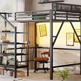 Metal Full Size Loft Bed With Foldable Desk,Light Strip, Staircase Storage And Charging Station
