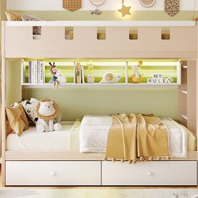 Twin Size Castle Style Bunk Bed with 2 Drawers, Shelf and LED Light