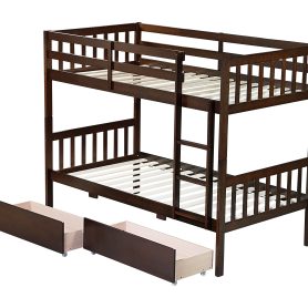 Twin Over Twin Rubber Wood Bunk Bed With 2 Drawers, Ladder And Safety Guardrails 55 Twin Over Twin Rubber Wood Bunk Bed With 2 Drawers, Ladder And Safety Guardrails
