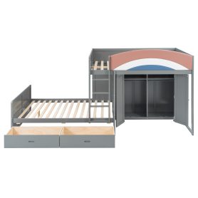Full Size Offset Bunk Bed with Wardrobe & Drawers, Upholstered Guardrail, Built-in Hanging Rod