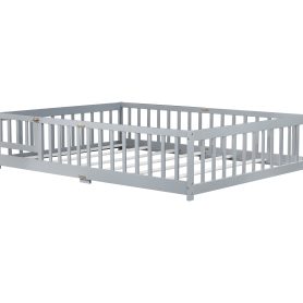 Rubber Wood Full Size Floor Bed With Fence, Door,  and Guardrails