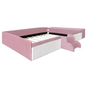 Full Size Velvet Upholstered Daybed with Stairs & Gas Lift Storage Ottoman, Contrast Color, Padded Guardrails