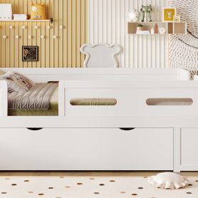 Wood Full Size Platform Bed with Guardrail and Drawer