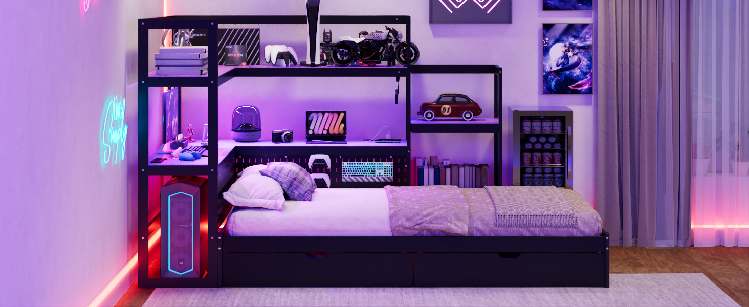 Twin Size Gaming Daybed with Integrated Desk and LED Light 43 Twin Size Gaming Daybed with Integrated Desk and LED Light