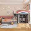 Full Size Offset Bunk Bed with Wardrobe & Drawers, Upholstered Guardrail, Built-in Hanging Rod