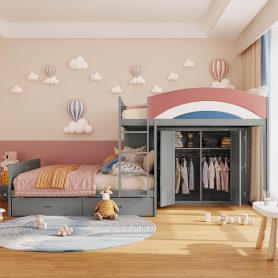 Full Size Offset Bunk Bed with Wardrobe & Drawers, Upholstered Guardrail, Built-in Hanging Rod