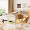 Full Size Wooden Platform Bed with Bookshelf, Display Cabinet, LED Light and Drawer