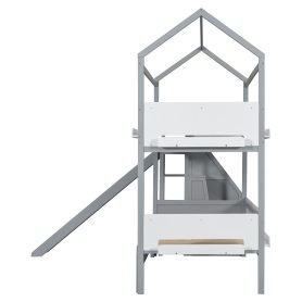 House-Shaped Wooden Bunk Bed with Slide & Storage Staircase