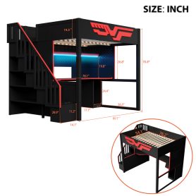 Gaming Loft Bed With Desk And Storage Staircase, LED Lights And USB