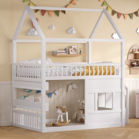 Full Size Wooden House Bed With Built-in LED Shelf Light