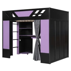 Full Size Wood Loft Bed with Shelves, Blackout Curtains and RGB Lights