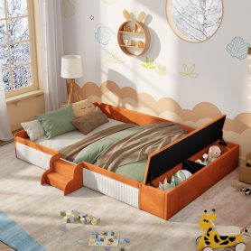 Queen Size Velvet Upholstered Daybed with Stairs & Gas Lift Storage Ottoman, Contrast Color, Padded Guardrails