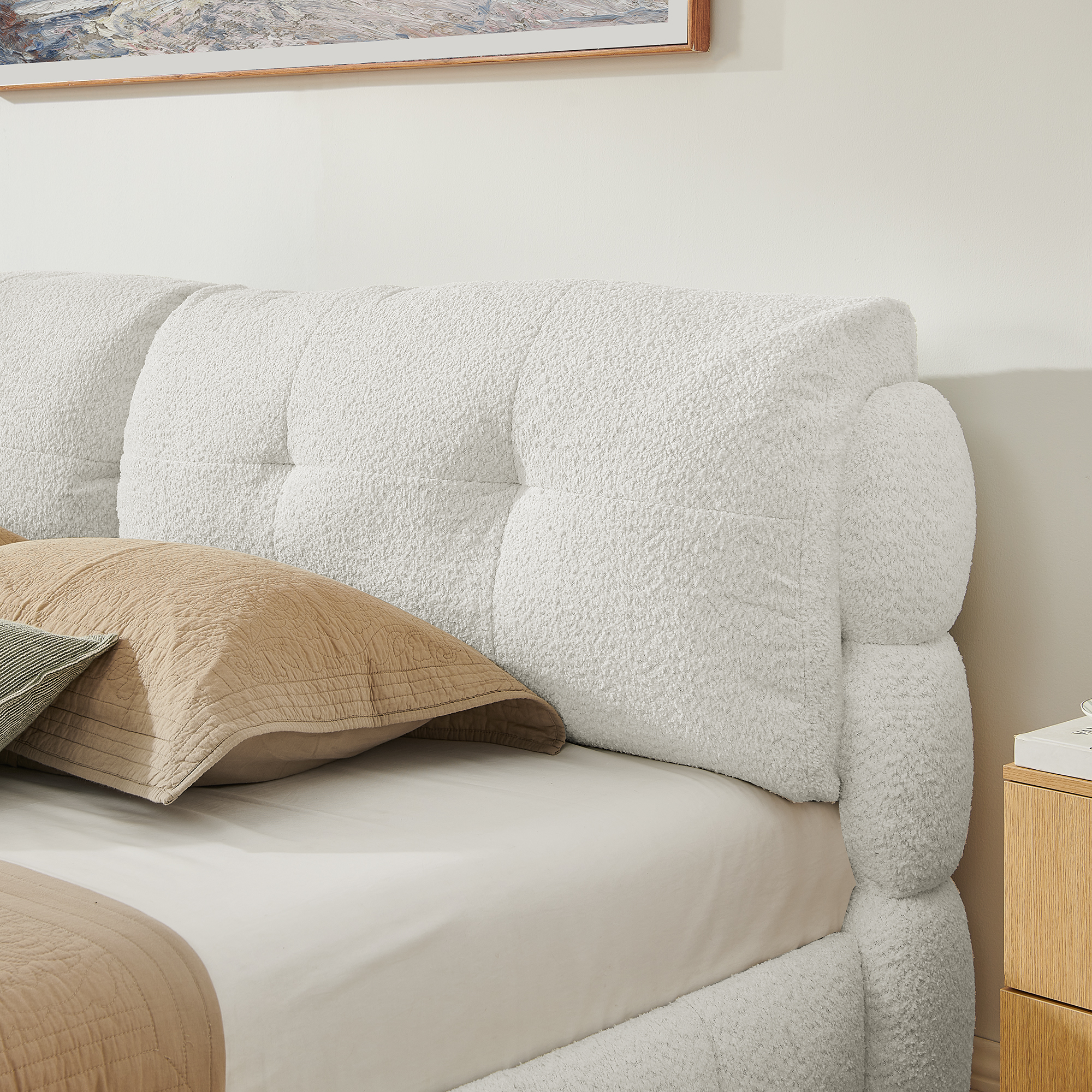 King Cream Style Bouclé Fabric Platform Bed 5 King Cream Style Bouclé Fabric Platform Bed