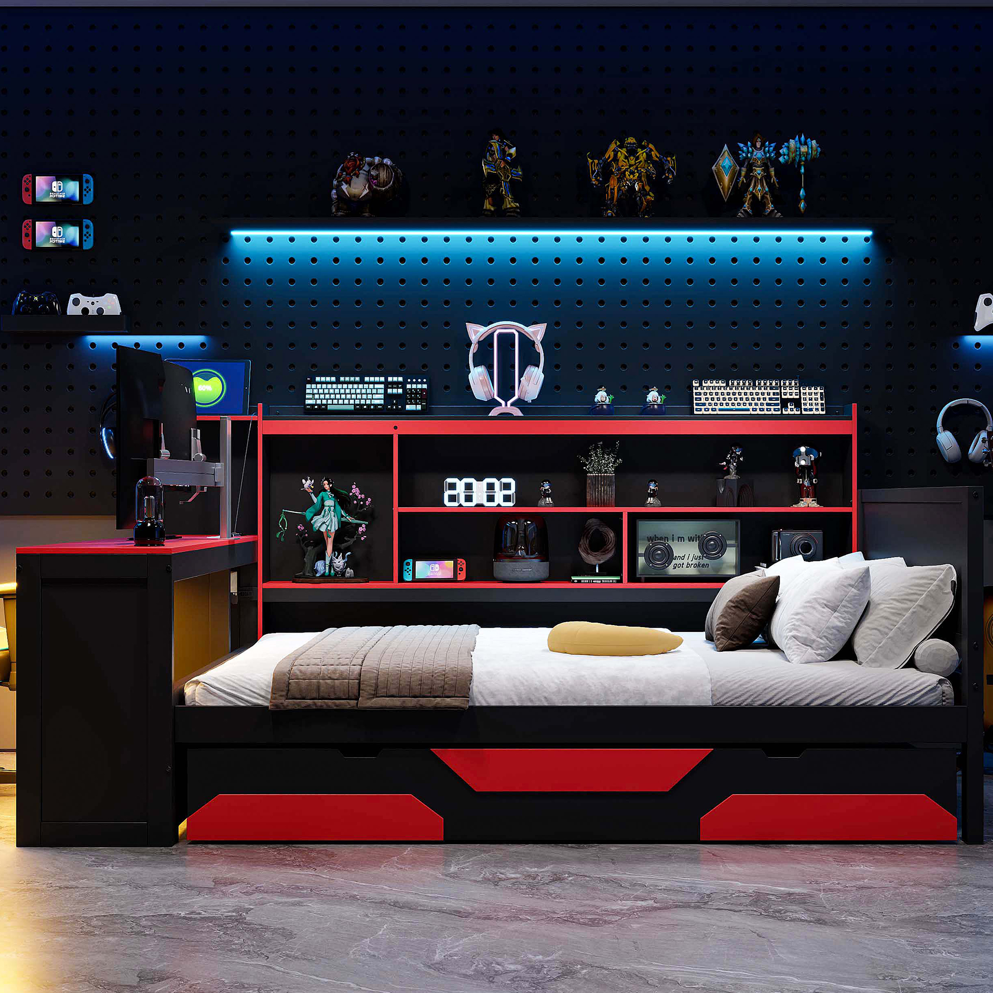 Full Size Gaming Daybed with Integrated Desk and Lights 4 Full Size Gaming Daybed with Integrated Desk and Lights