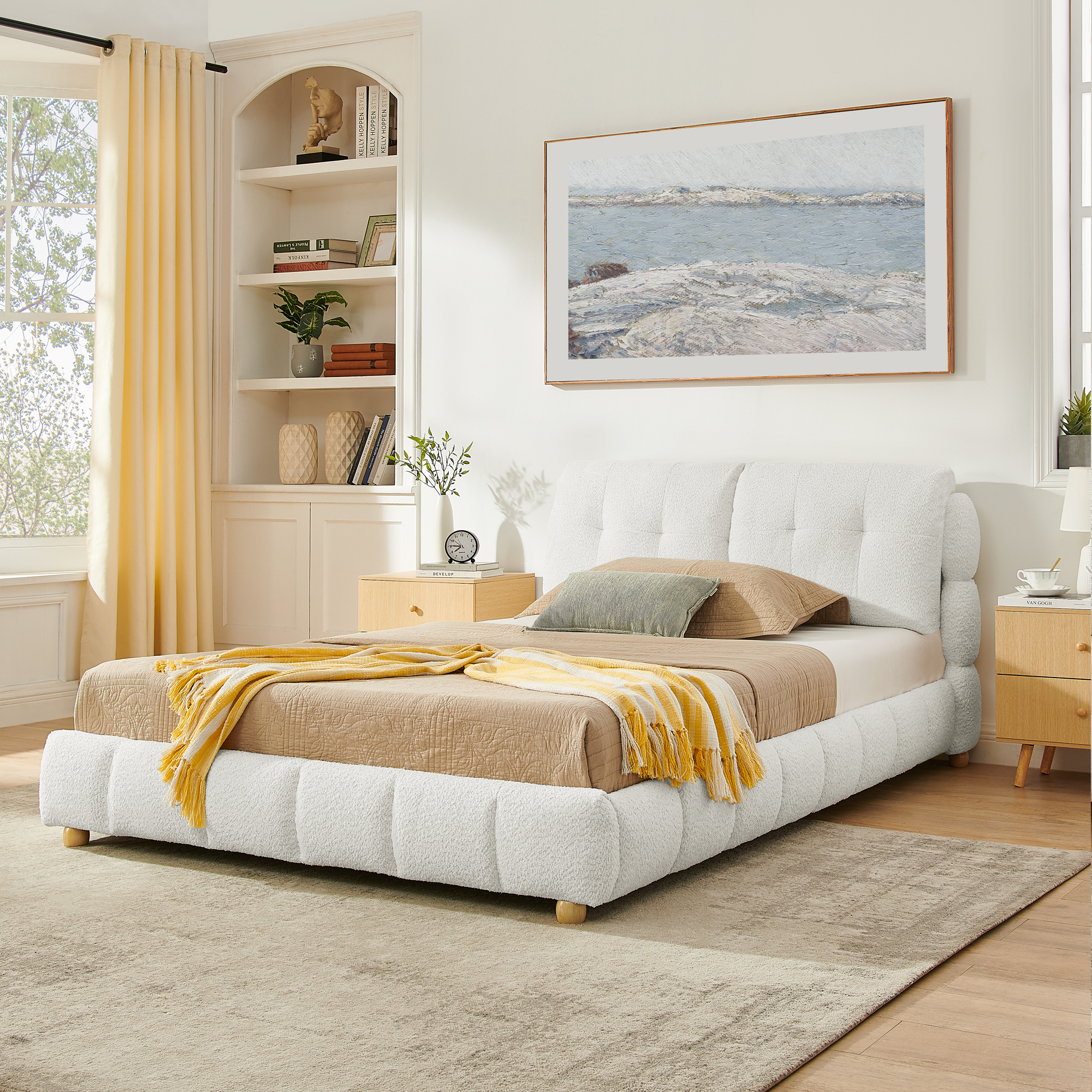 Queen Cream Style Bouclé Fabric Platform Bed 4 Queen Cream Style Bouclé Fabric Platform Bed
