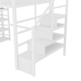 Metal Full Loft Bed with 4 Shelf Storage Rack and Charging Station
