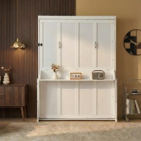 Queen Size Wood Vertical Murphy Bed with Desk, Gas Struts