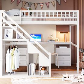Full Size Loft Bed with Two Chest of Drawers, Desk and Light Strip