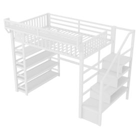 Metal Full Loft Bed with 4 Shelf Storage Rack and Charging Station